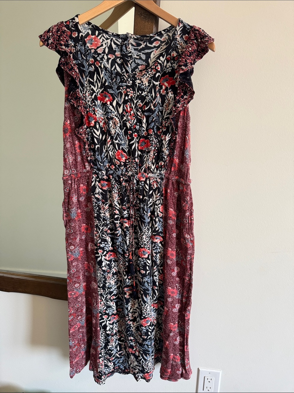 Lucky Brand Black and Red Floral Paisley Midi Garden Festival Boho Dress
